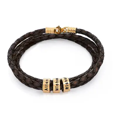 Navigator Brown Braided Leather Bracelet for Men with Custom Beads in 14ct Solid Yellow Gold