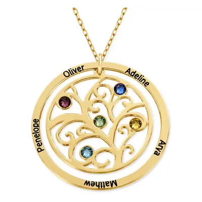 Family Tree Necklace with Birthstones in 10ct Solid Yellow Gold