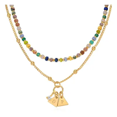 Resort Layered Beaded Necklace with Initials and 0.10ct Diamonds in 18ct Gold Plating