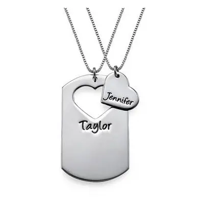 Couple's Dog Tag Necklace Set with Cut Out Heart in Sterling Silver