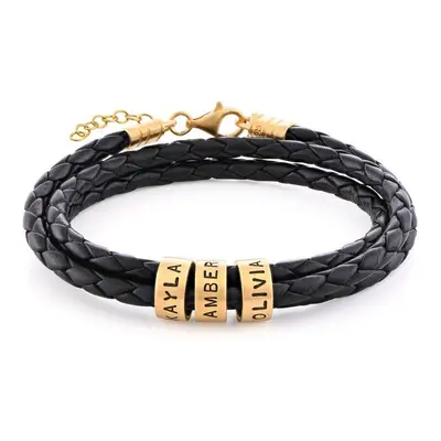 Women Braided Leather Bracelet with Small Custom Beads in 18ct Gold Plating