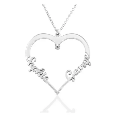 Contour Heart Pendant Necklace with Two Names and 0.05ct Lab Diamond in Sterling Silver