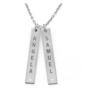 Engraved Vertical Bar Necklace with Diamonds in Sterling Silver