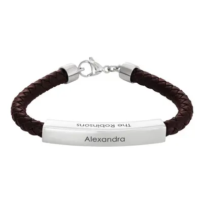 Engraved Leather Bar Bracelet for Men- in Brown