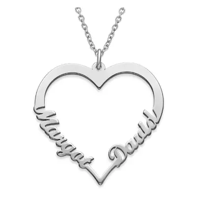 Contour Heart Pendant Necklace with Two Names in 14ct Solid White Gold