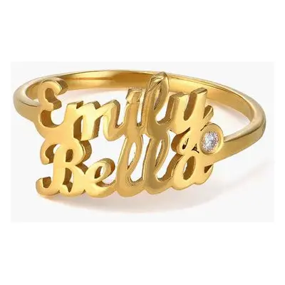 Script Double Name Ring with Diamond in 18ct Gold Plating