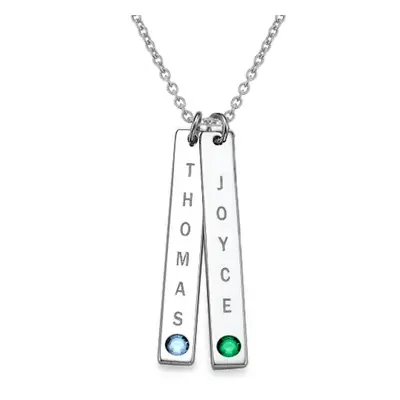 Engraved Vertical Bar Necklace with Birthstones in Sterling Silver