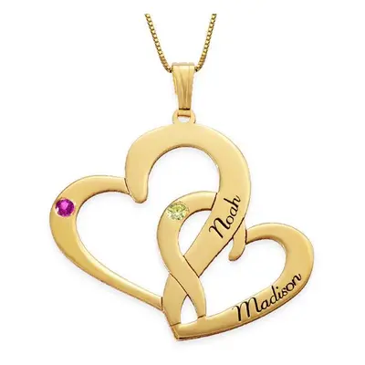 Engraved Two Heart Necklace with Birthstones in 14ct Yellow Gold