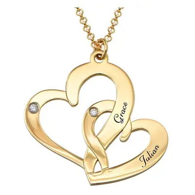 Engraved Two Heart Necklace with Diamonds in 18ct Gold Plating