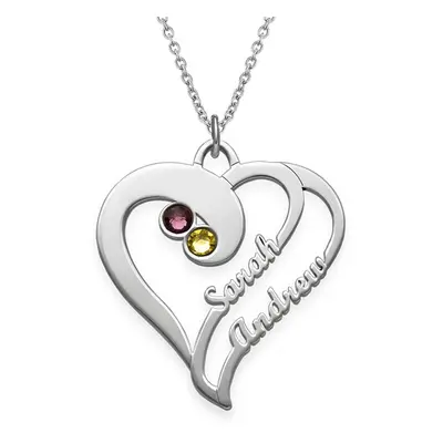 Two Hearts in One Necklace with Birthstones in Sterling Silver