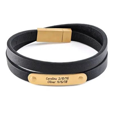 Black Leather Bracelet with Engraved Bar in 18ct Gold Plating