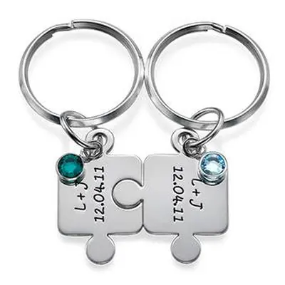 Couple's Puzzle Keychain Set with Birthstones in Sterling Silver