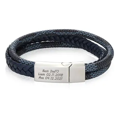 Men's 3-Layer Blue & Grey Braided Leather Bracelet with Stainless Steel