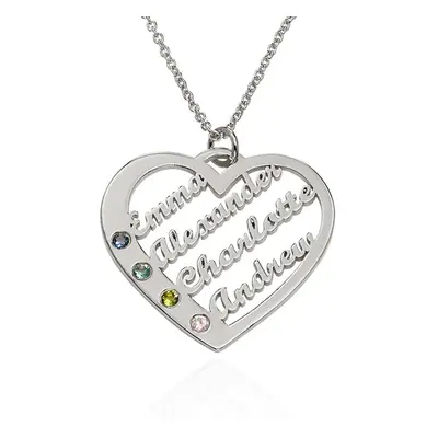 Ella Birthstone Heart Necklace with Names in Sterling Silver