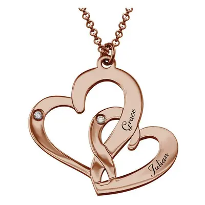 Engraved Two Heart Necklace with Diamonds in 18ct Rose Gold Plating