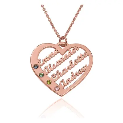 Ella Birthstone Heart Necklace with Names in 18ct Rose Gold Plating