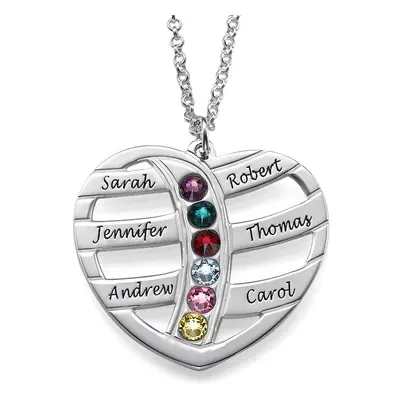 Engraved Heart Necklace with Birthstones in Sterling Silver