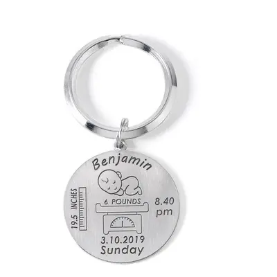 Personalised Engraved Baby Birth Keyring in Sterling Silver