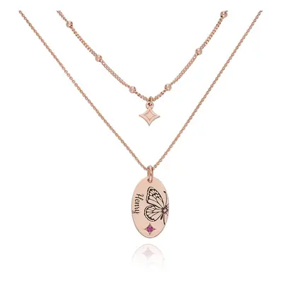 Birth Butterfly & Stone Layered Necklace in 18ct Rose Gold Plating