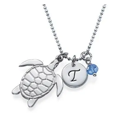 Turtle Necklace with Initial and Birthstone in Sterling Silver