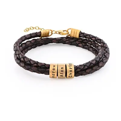 Women Braided Brown Leather Bracelet with Small Custom Beads in 18ct Gold Plating