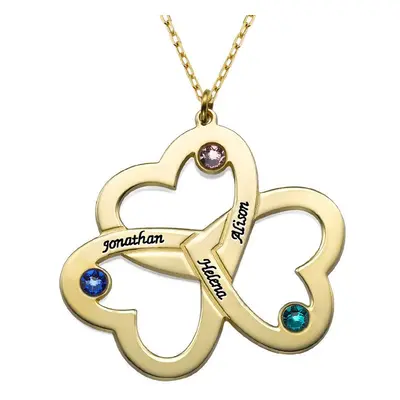 Personalised Triple Heart Necklace with Birthstones in 10ct Yellow Gold