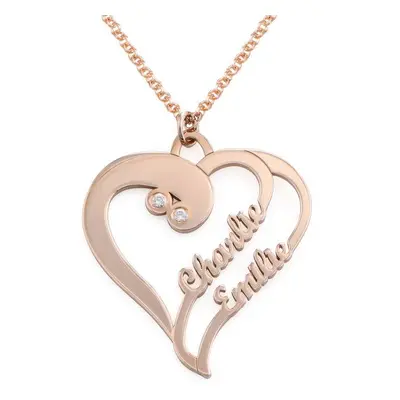 Two Hearts in One Necklace with Diamonds in 18ct Rose Gold Plating