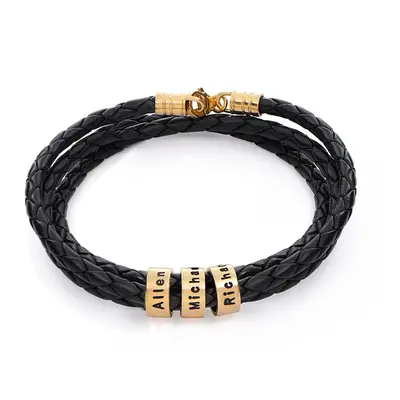 Navigator Braided Leather Bracelet for Men with Custom Beads in 14ct Solid Yellow Gold