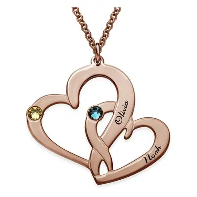 Engraved Two Heart Necklace with Birthstones in 18ct Rose Gold Plating