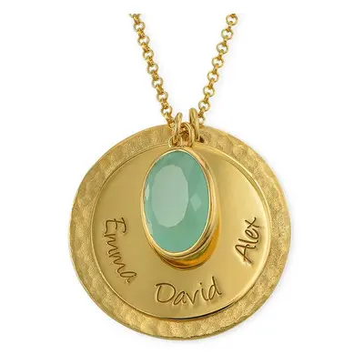 Disc Necklace with Hammered Finish and Coloured Stone in 18ct Gold Plating