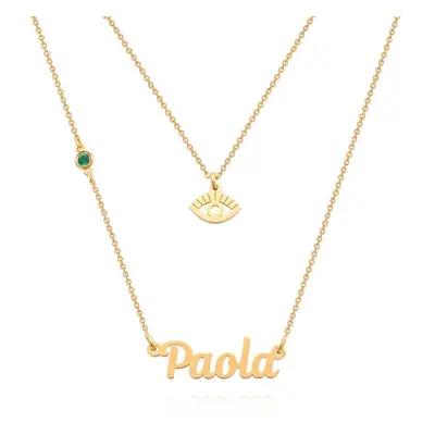 Bridget Evil Eye Layered Name / Initial Necklace with Gemstone in 18ct Gold Plating