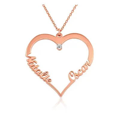 Contour Heart Pendant Necklace with Two Names and 0.05ct Lab Diamond in 18ct Rose Gold Plating