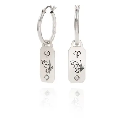 Blooming Birth Flower Initial Hoop Earrings with Diamonds in Sterling Silver