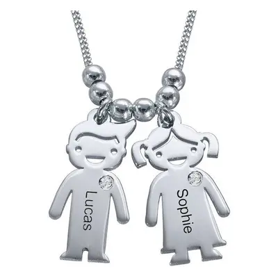 Mother Necklace with Engraved Children Charms & Diamonds in Sterling Silver