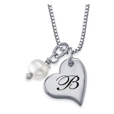 Heart Initial Necklace with Pearl in Sterling Silver