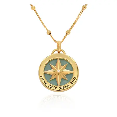 Engraved Compass Necklace with Semi-Precious Stone in 18ct Gold Plating