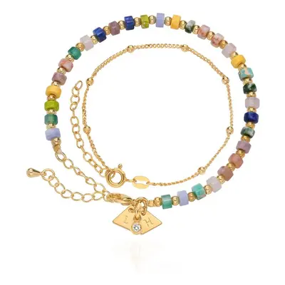 Resort Layered Beaded Bracelet / Anklet with Initials and 0.05ct Diamonds in 18ct Gold Plating