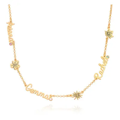 Blooming Birth Flower Multi Name Necklace with Birthstones in 18ct Gold Plating