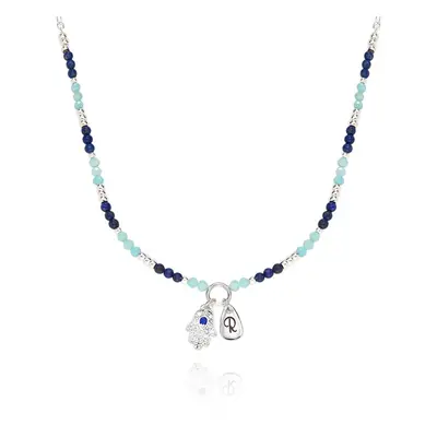 Coastal Hamsa Initial Necklace with Semi-Precious Beads in Brass