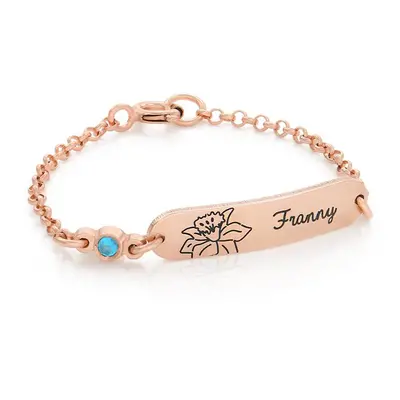 Lyla Baby Name Bracelet with Birth Flower and Stone in 18ct Rose Gold Plating