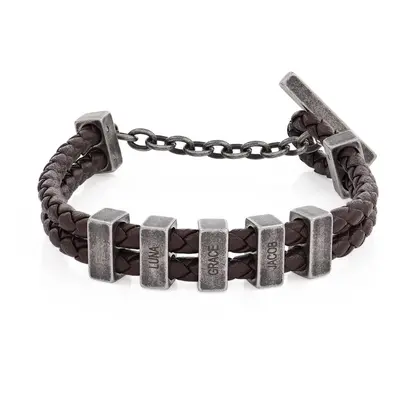 Hunter Brown Braided T-Bar Leather Bracelet with Stainless Steel Engravable Beads for Men