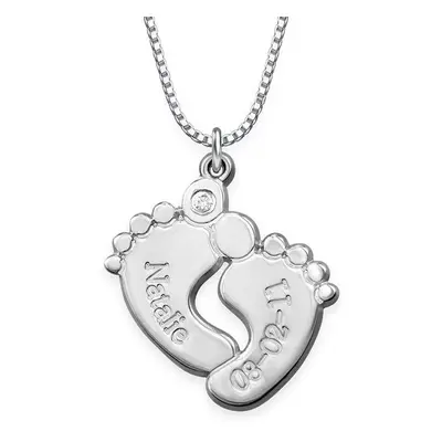 Engraved Baby Feet Necklace with Diamond in Sterling Silver