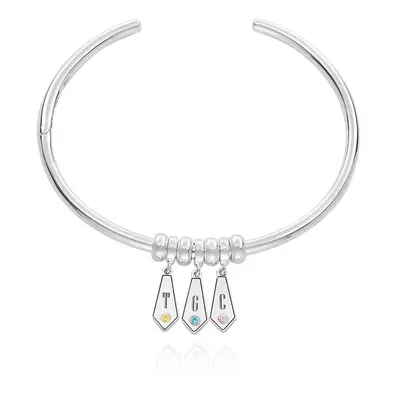 Gia Drop Initial Bangle Bracelet with Birthstones in Sterling Silver