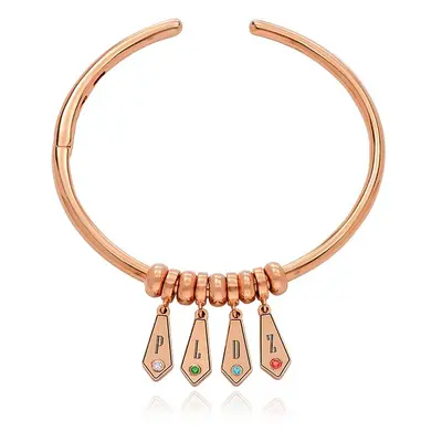 Gia Drop Initial Bangle Bracelet with Birthstones in 18ct Rose Gold Plating