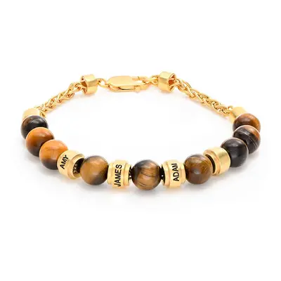 Jack Tiger Eye and Personalised Bead Bracelet for Men in 18ct Gold Plating