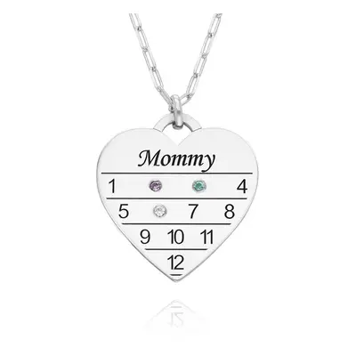 12 Month Calendar Heart Necklace with Birthstones in Sterling Silver