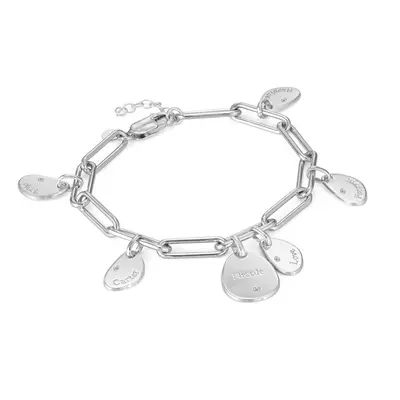 Hazel Paperclip Bracelet with Engraved Charms and Diamonds in Sterling Silver