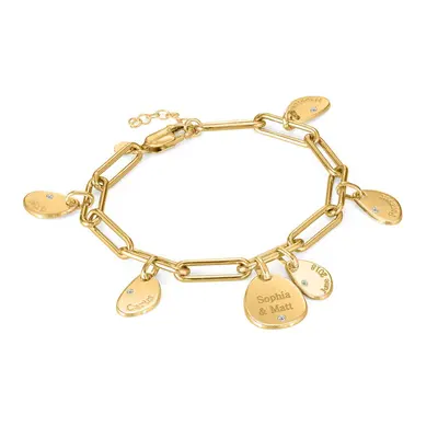 Hazel Paperclip Bracelet with Engraved Charms and Diamonds in 18ct Gold Plating