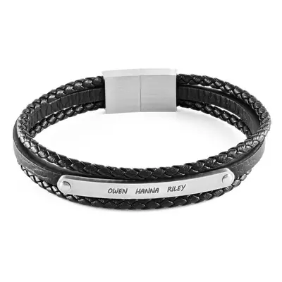 Stacked Black Leather Bracelets with an Engraved Bar