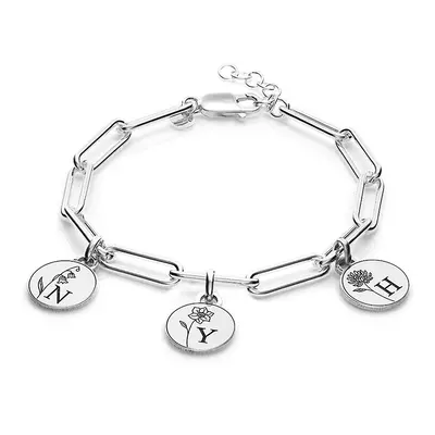 Prairie Birth Flower Initial Charm Bracelet in Sterling Silver